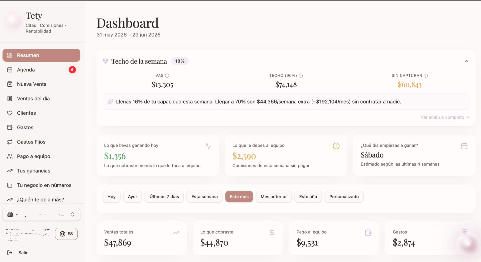 Vista previa del dashboard de Tety en móvil